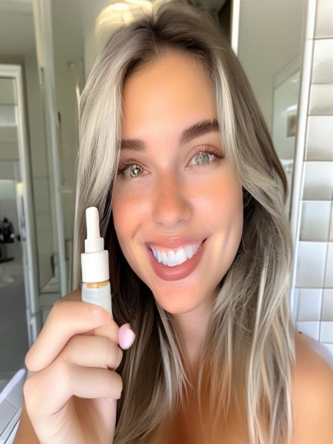 The same generated presenter, bathroom, holding a product
